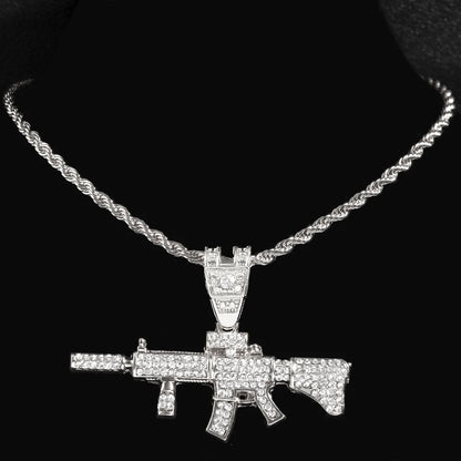 Men Women 14MM Cuban Chain AK47 Gun Pendant Necklace Iced Out AAA Rhinestone Prong Miami Cuban Link Chain Hip Hop Jewelry Gifts