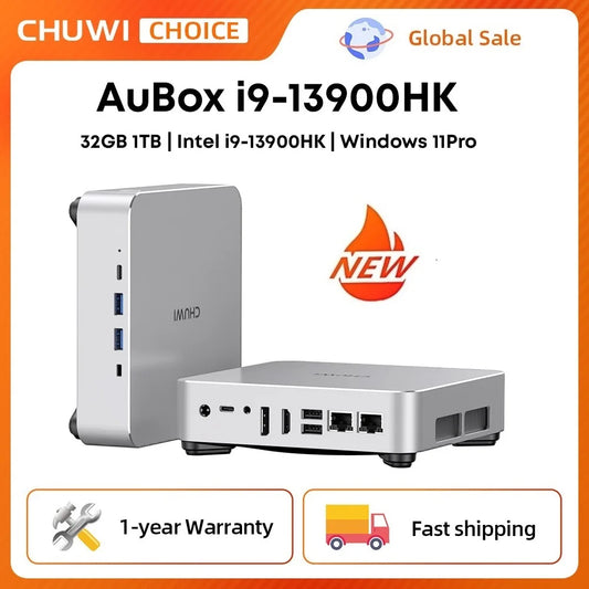 CHUWI AuBox Mini PC i9-13900HK 14 Cores 32GB DDR4 1TB SSD 16GB DDR5 512 SSD Windows 11 Pro WiFi 6 BT 5.2 Extend M.2 1T*2 Desktop