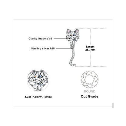JewelryPalace New Arrival Love Cat Wagging Tail 4ct Round Gemstone 925 Sterling Silver Dangle Stud Earrings for Woman Girl Gift