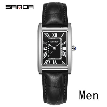 SANDA Luxury Tank Couple Watch Wear Resistant Leather Strap Square Dial Waterproof Sport Casual Women Men Quartz Watches Reloj