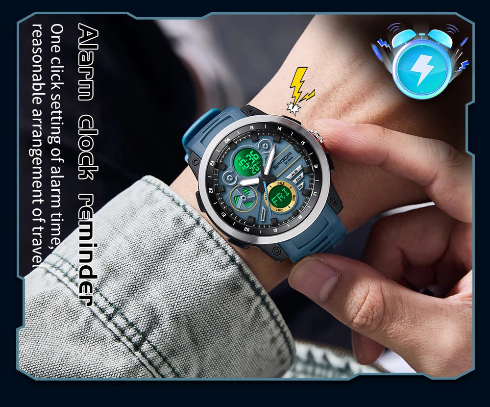 SANDA Men Sport Wristwatch TPU Strap Waterproof Quartz Watch Dual Display Digital Luminous Male Clock Relogio Masculino