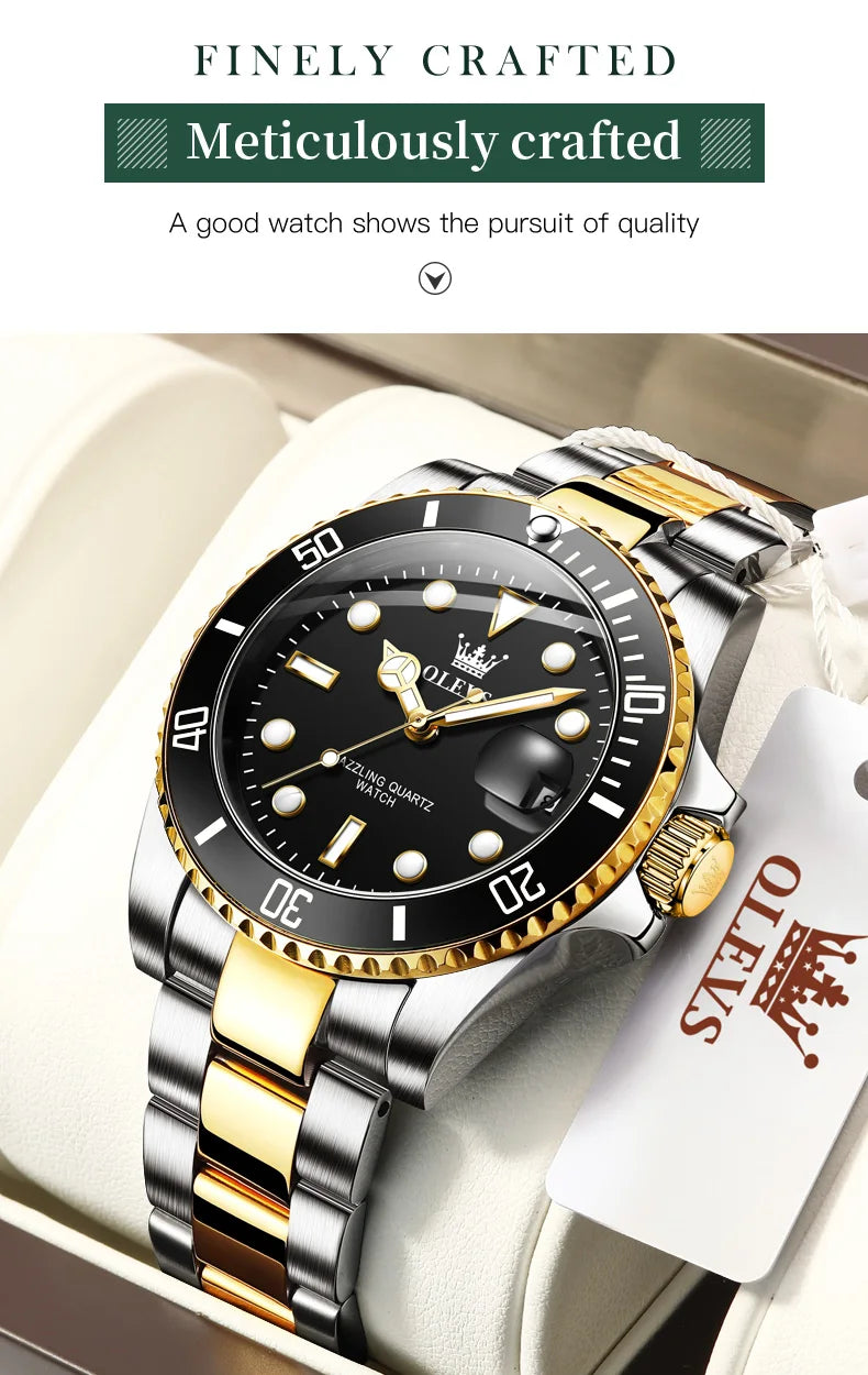 OLEVS 5885 Men's Watches Business Stainless Steel Strap Green Quartz Watch Waterproof Calendar Luminous High Quality Wristwatch