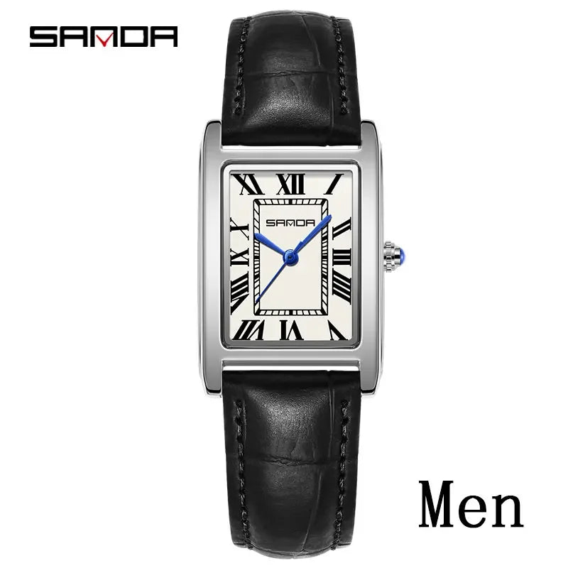 SANDA Luxury Tank Couple Watch Wear Resistant Leather Strap Square Dial Waterproof Sport Casual Women Men Quartz Watches Reloj