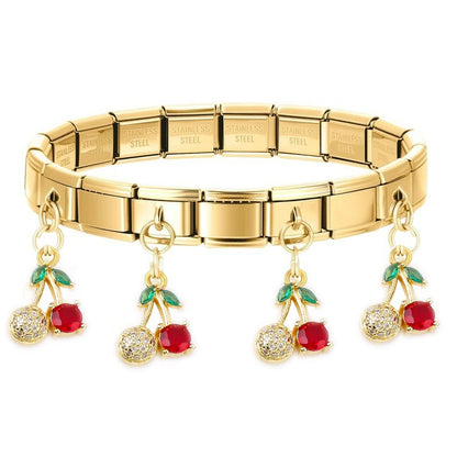 Geometric Square Stainless Steel Elastic Strap Bangle Bracelets for Women Strawberry Cherry Pendant Bracelets Hand Jewelry Gift