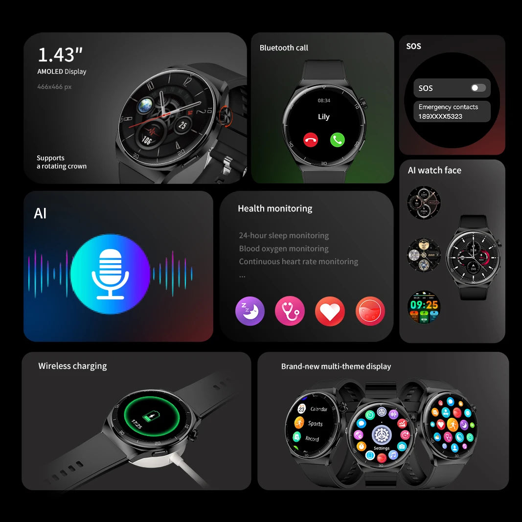 Pinteek Smart watch with AMOLED screen, call, message reminder, music control and other functions, compatible with ios/android