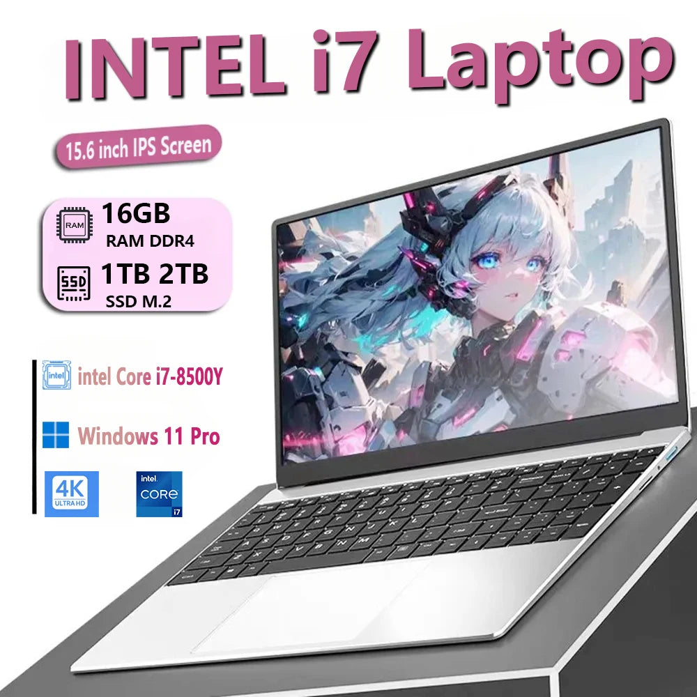 New Learning Office Laptop Intel Core i7 8500Y 15.6-inch 4K HD Screen Windows 11 Pro 16GB RAM 1TB SSD  Portable Slim Laptop