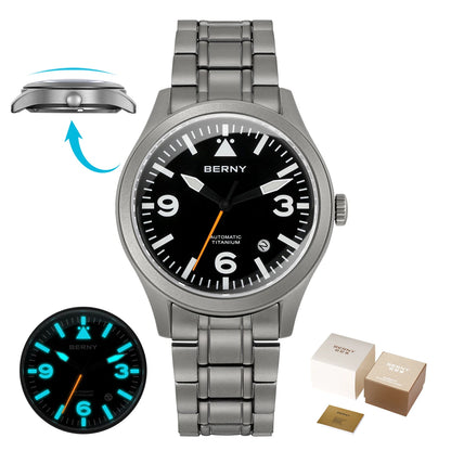 BERNY Pilot Titanium Automatic Watch for Men Sapphire AR Coated 10Bar Supper Luminous Men Wristwatch Sports Aviation Men Watches