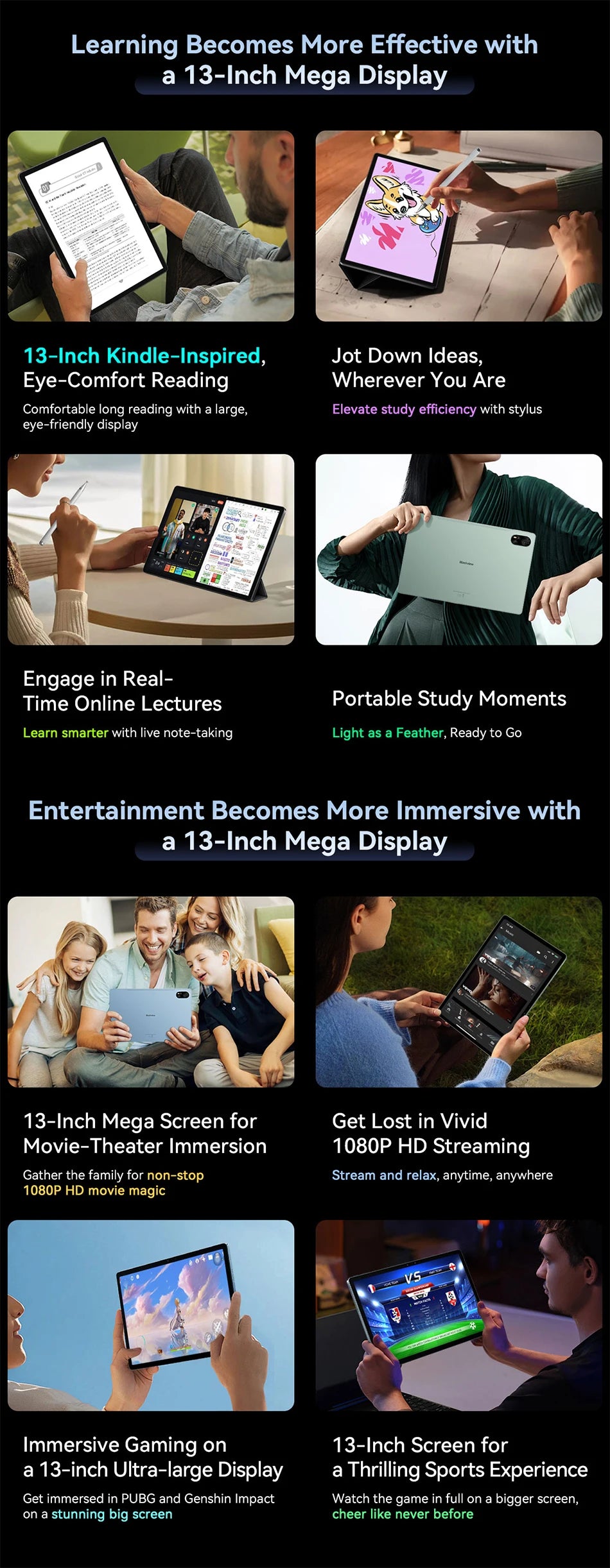 Blackview MEGA 8 Tablet - 13" FHD+ 90Hz Display Android 15 11000mAh 50MP Camera 4G Pad PC