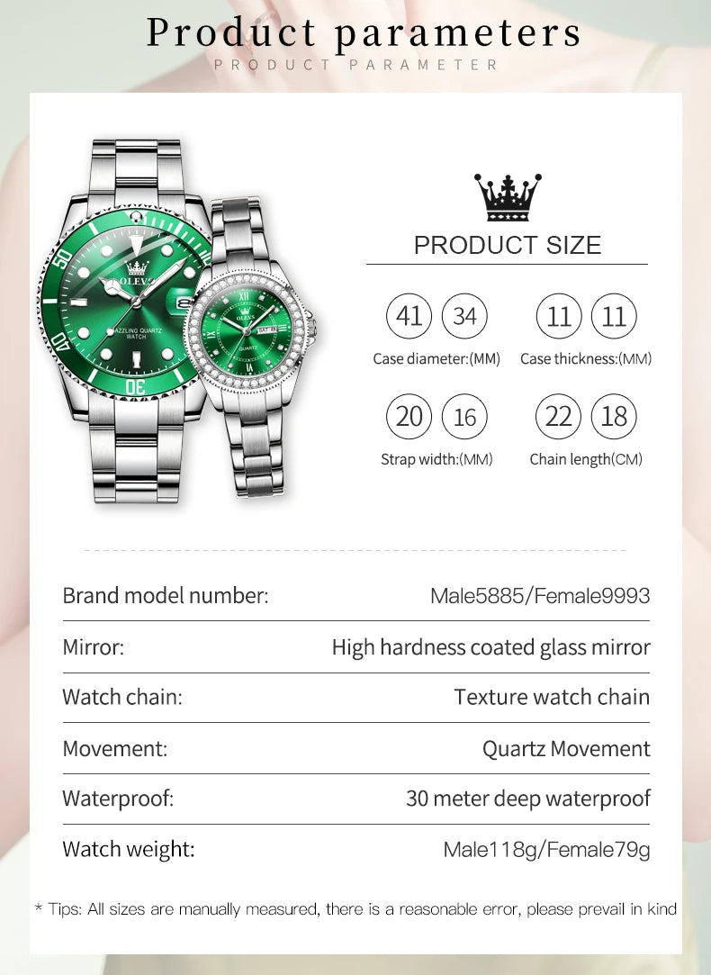OLEVS Couple Watch Luxury Top Original Quartz Watches Stainless Steel Lover's Wristwatch for Men Women Green Water Ghost Series