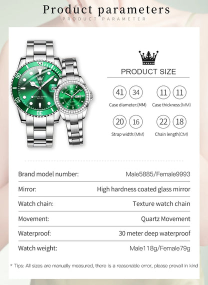 OLEVS Couple Watch Luxury Top Original Quartz Watches Stainless Steel Lover's Wristwatch for Men Women Green Water Ghost Series