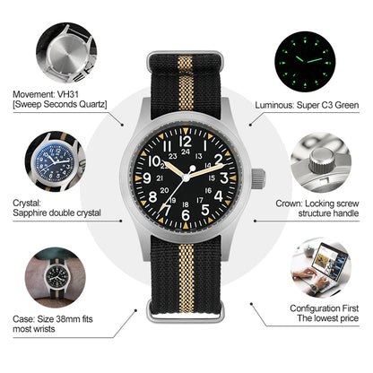 Militado ML05 38mm Vintage Watch VH31 Quartz Movement Field Watches Domed Sapphire Crystal With High Clear AR Coating Wristwatch