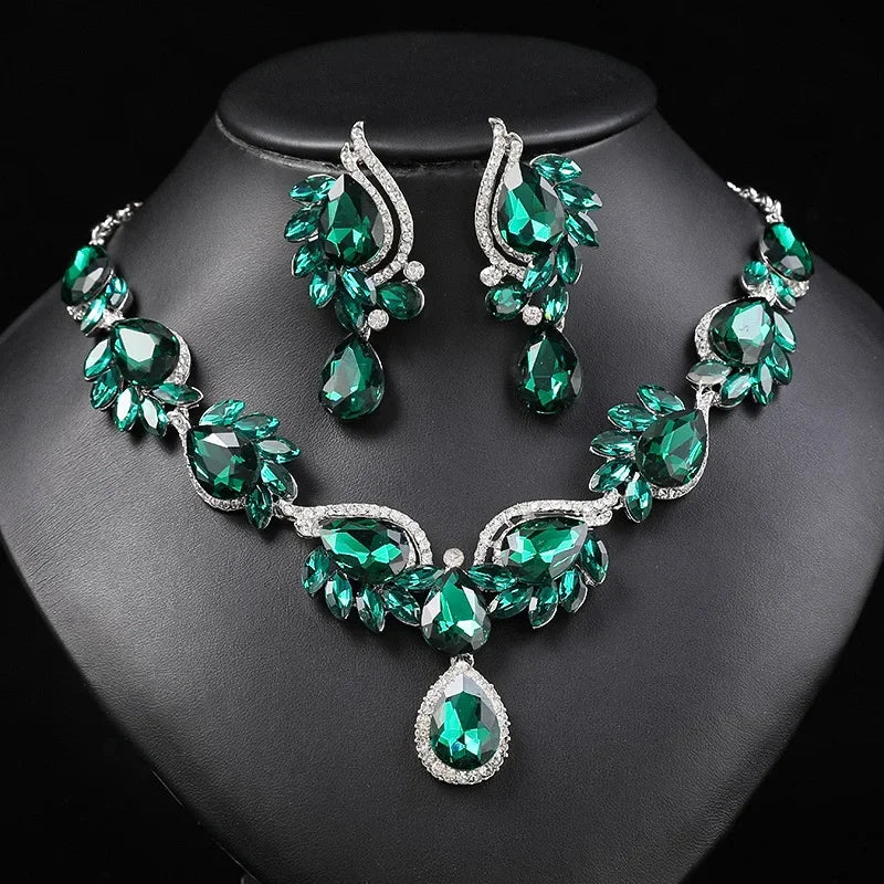New Style Gorgeous Colorful Crystal Rhinestone Lucky Necklace Earring Set Wedding Party Costume Jewellery