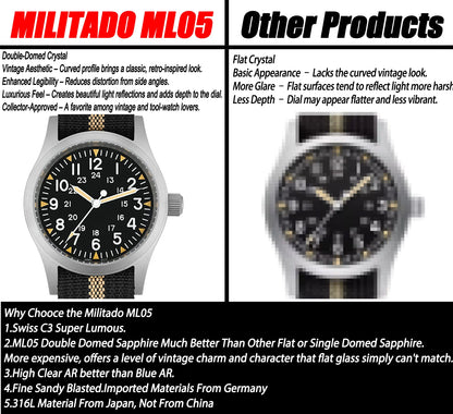 Militado ML05 38mm Vintage Watch VH31 Quartz Movement Field Watches Domed Sapphire Crystal With High Clear AR Coating Wristwatch