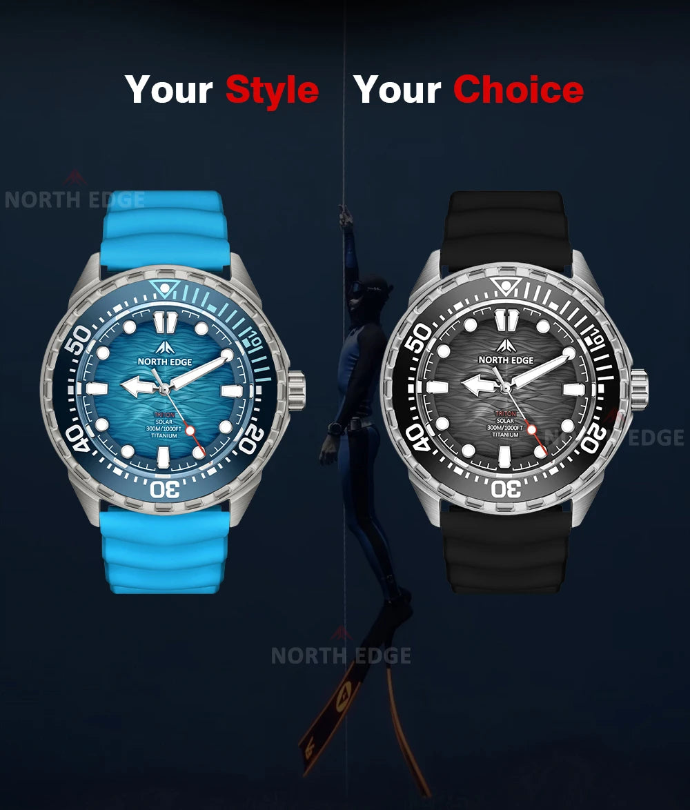 NORTH EDGE TRITON-TI Titanium Solar Diving Watch – 300M Waterproof, 180-Day Power Reserve