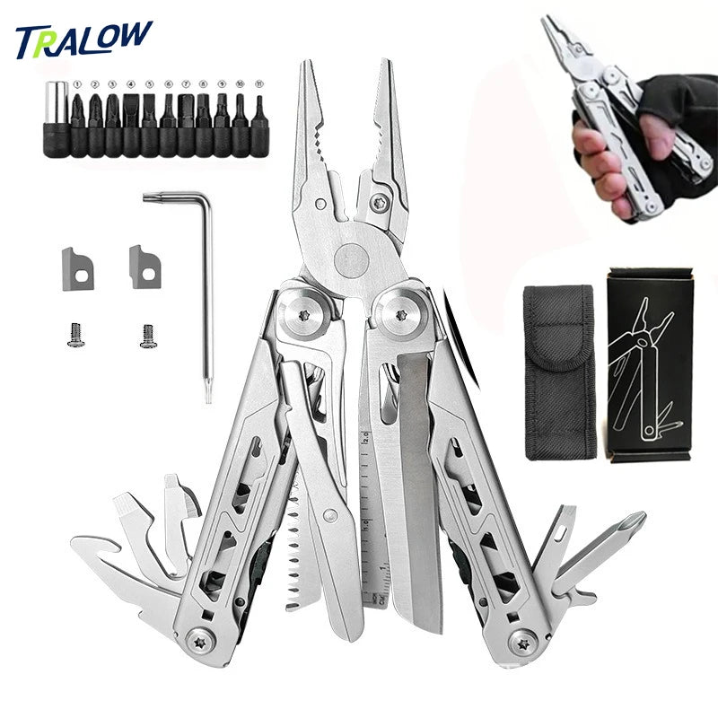TRALOW Multi Functional Tool Pliers 28 in 1 Stainless Steel Foldable with Thread Cutter Knife Saw Screwdriver for Camping Repair