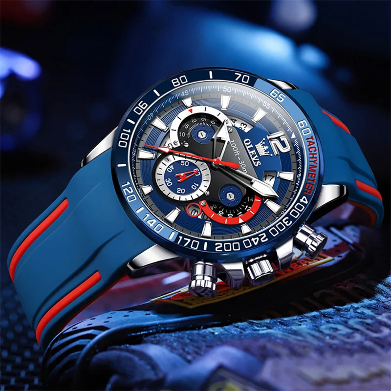 OLEVS Watch For Men High Quality Luminous Date Military Sport Quartz Men's Wristwatch Blue Rubber Strap Reloj Hombre