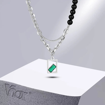 Vnox Unisex Necklaces, Silver Color Rolo Cuban Link Chain, Black Beaded Women Men Collar with Geometric Rectangle Pendant Charm