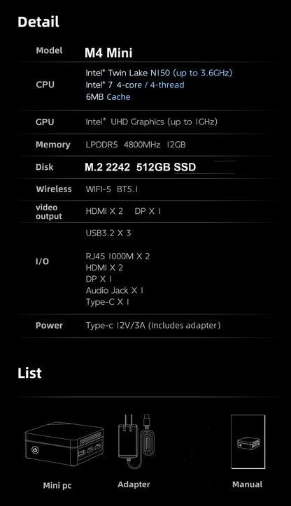 SOYO M4 Mini Mini PC Intel Twin Lake N150 CPU Mini Gaming Computer 12GB DDR5 512GB RAM Windows 11 Pro WiFi5 BT5.2 Type-C USB3.2