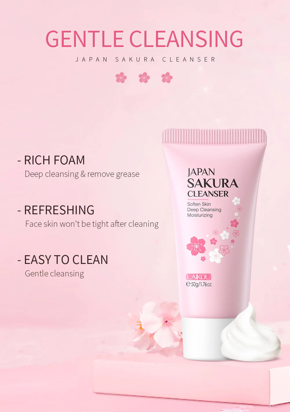 LAIKOU Sakura Facial Cleanser 50g – Deep Cleansing, Brightening & Moisturising