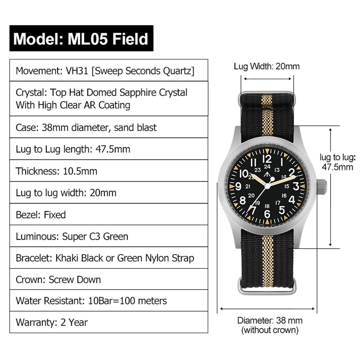 Militado ML05 38mm Vintage Watch VH31 Quartz Movement Field Watches Domed Sapphire Crystal With High Clear AR Coating Wristwatch