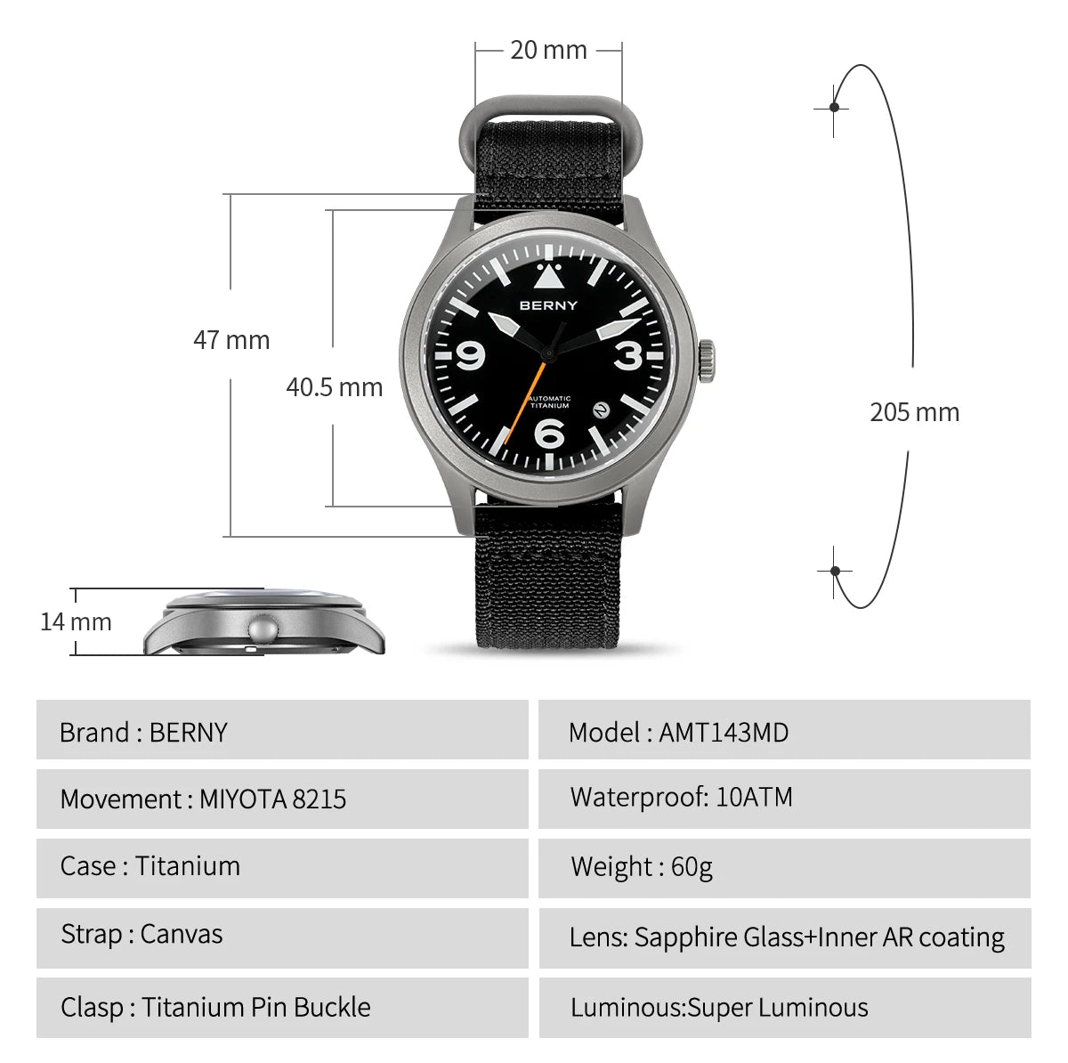 BERNY Pilot Titanium Automatic Watch for Men Sapphire AR Coated 10Bar Supper Luminous Men Wristwatch Sports Aviation Men Watches