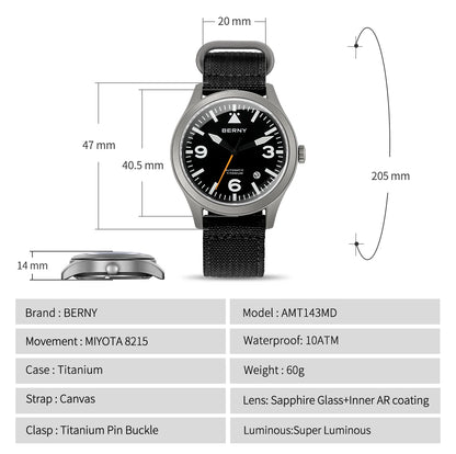 BERNY Pilot Titanium Automatic Watch for Men Sapphire AR Coated 10Bar Supper Luminous Men Wristwatch Sports Aviation Men Watches