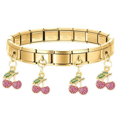Geometric Square Stainless Steel Elastic Strap Bangle Bracelets for Women Strawberry Cherry Pendant Bracelets Hand Jewelry Gift