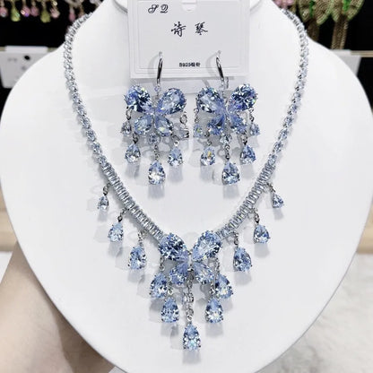Multicolor Waterdrop Tassel Zirconia Necklace Earrings Women New Silver Color Bridal Wedding Fashion Jewelry Set Party Gifts