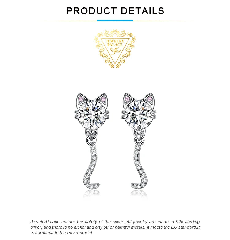 JewelryPalace New Arrival Love Cat Wagging Tail 4ct Round Gemstone 925 Sterling Silver Dangle Stud Earrings for Woman Girl Gift