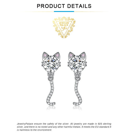 JewelryPalace New Arrival Love Cat Wagging Tail 4ct Round Gemstone 925 Sterling Silver Dangle Stud Earrings for Woman Girl Gift
