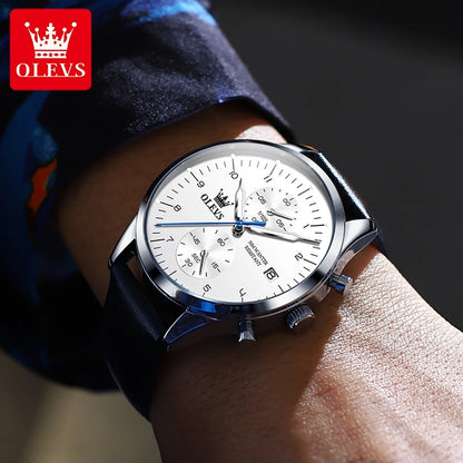 OLEVS 2880 Quartz Business Watch Gift Round-dial Genuine Leather Watchband Wristwatch Calendar Luminous