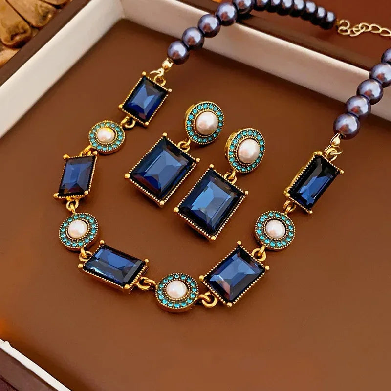 Dark Blue Rhinestone Square Pearl Necklace Earring for Women Medieval Vintage Collarbone Chain Exquisite Sparkle Jewelry Sets
