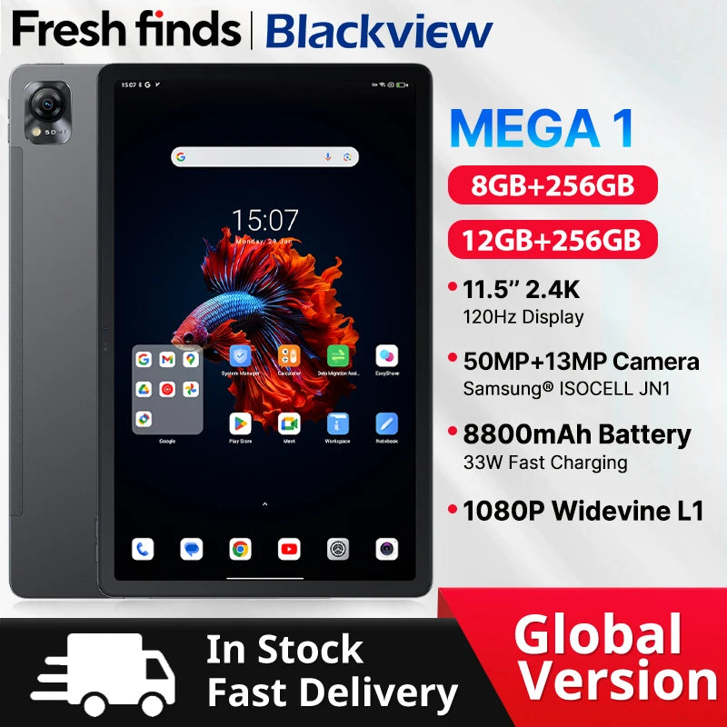 Blackview MEGA 1 Tablet - 11.5" 2.4K 120Hz Display 8GB 256GB 50MP+13MP Camera 8800mAh 33W Fast Charging