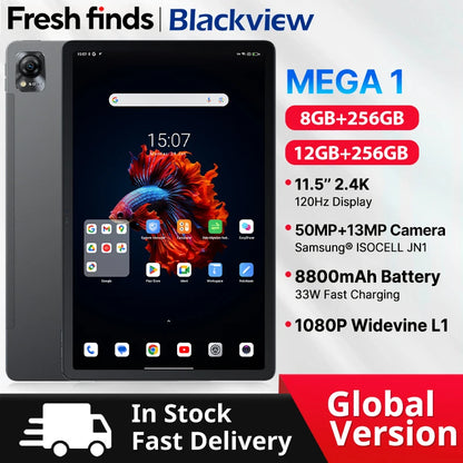 Blackview MEGA 1 Tablet - 11.5" 2.4K 120Hz Display 8GB 256GB 50MP+13MP Camera 8800mAh 33W Fast Charging