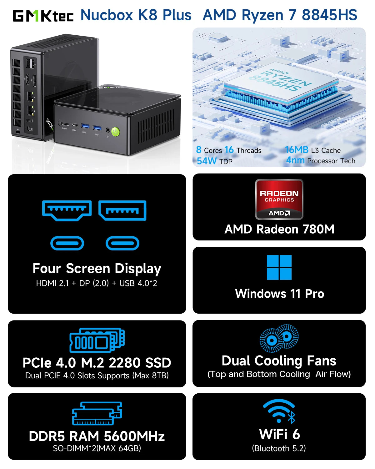 GMKtec K8 Plus Mini PC – AMD Ryzen 7 8845HS, DDR5, Oculink, Windows 11 Pro