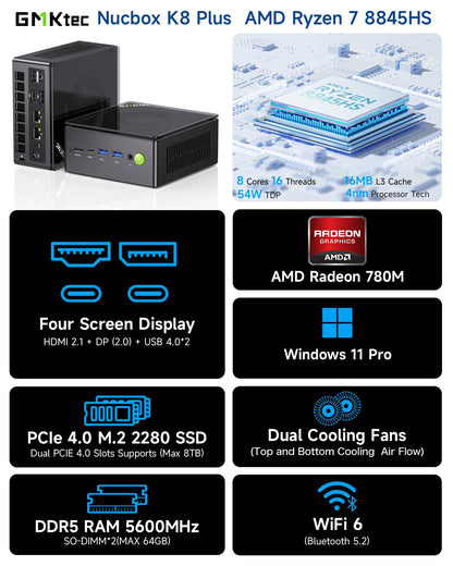 GMKtec K8 Plus Mini PC – AMD Ryzen 7 8845HS, DDR5, Oculink, Windows 11 Pro