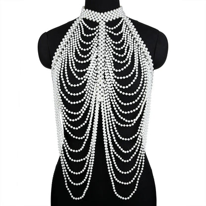 Women Pearl Shawl Necklaces Body Chain Sexy Beaded Collar Shoulder Pearl Bra Top Sweater Chain Wedding Dress Body Jewelry
