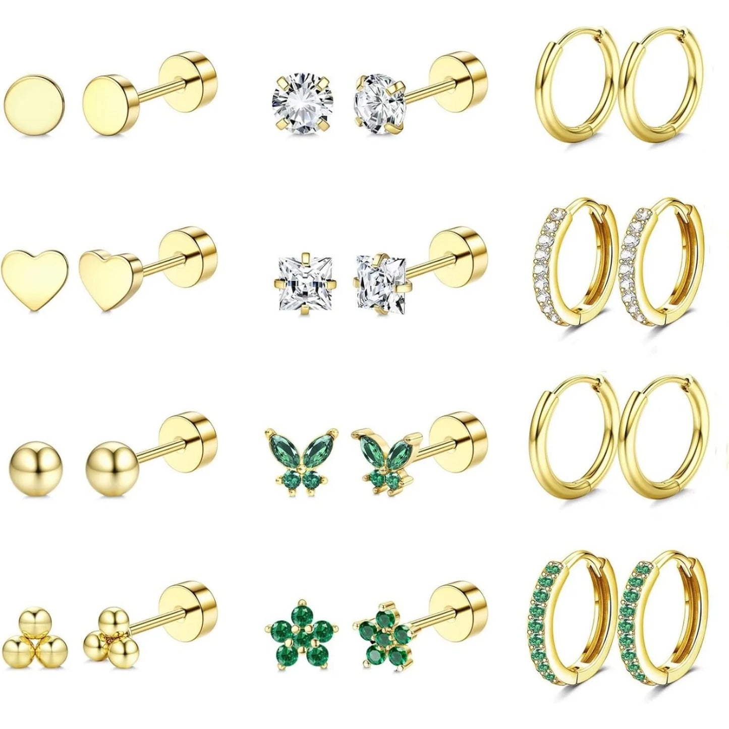 Drperfect Surgical Steel Earrings for Sensitive Ear Flat Back Hoop Cartilage Gold Plated CZ Studs for Women Multiple Piercing