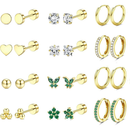 Drperfect Surgical Steel Earrings for Sensitive Ear Flat Back Hoop Cartilage Gold Plated CZ Studs for Women Multiple Piercing