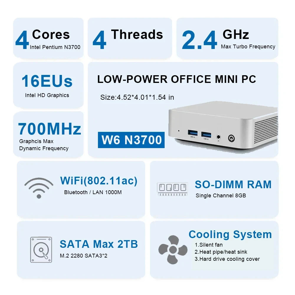 SZBOX W6 Mini PC Intel N3700 Windows 10 SO-DIMM RAM 8GB 128GB SSD RJ45 1000M LAN M.2 SATA3*2 Office Desktop Gaming Computer