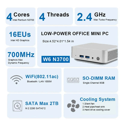 SZBOX W6 Mini PC Intel N3700 Windows 10 SO-DIMM RAM 8GB 128GB SSD RJ45 1000M LAN M.2 SATA3*2 Office Desktop Gaming Computer