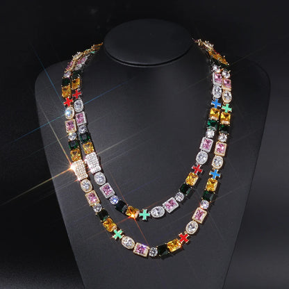 NY Hip Hop Jewelry Rainbow Zircon Necklace 18k Gold Plated Geometric Colorful Cross Link Chain Fashion for Women