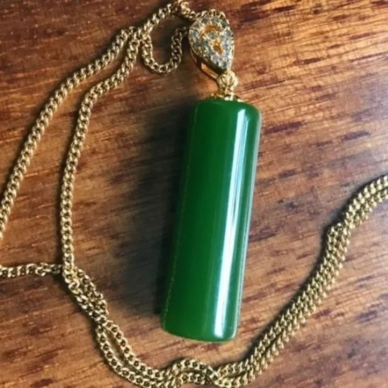 Natural Hetian Jasper Cylindrical Pendant, Spinach Green Jade Pendant for Men and Women