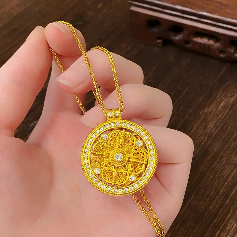 9999 24K real gold rotatable four-sided blessing diamond inlaid eight treasure compass necklace ancient Chinese women's jewelry