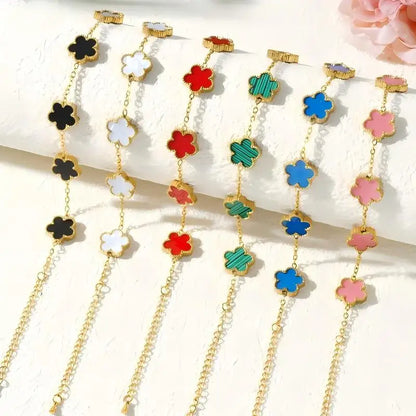 Stainless Steel Bracelet Double Sided Five Leaf Petals Flower Gold Plated Clover Women Fashion Jewelry