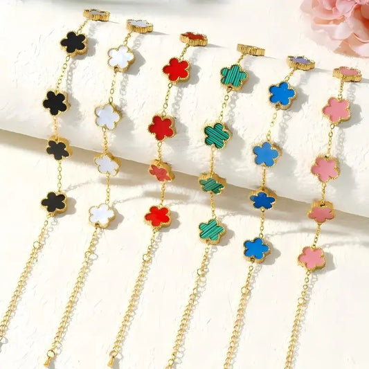 Stainless Steel Bracelet Double Sided Five Leaf Petals Flower Gold Plated Clover Women Fashion Jewelry