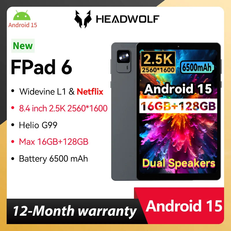 HEADWOLF FPad 6 8.4 inch Andorid 14 tablet  8GB RAM 128GB ROM MTK G99 Octa-core 4G SIM 6500 mAh Battery