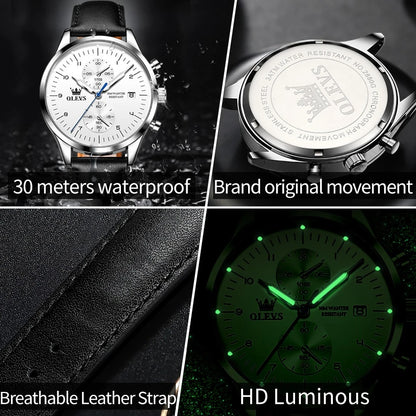 OLEVS 2880 Quartz Business Watch Gift Round-dial Genuine Leather Watchband Wristwatch Calendar Luminous