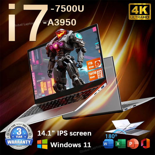 2025 Laptop Core i7 7500U A3950 Portable Laptops Windows 11 Pro 16GB DDR4 1TB SSD 1920*1080 HD PC Gaming Computer Notebook Gamer