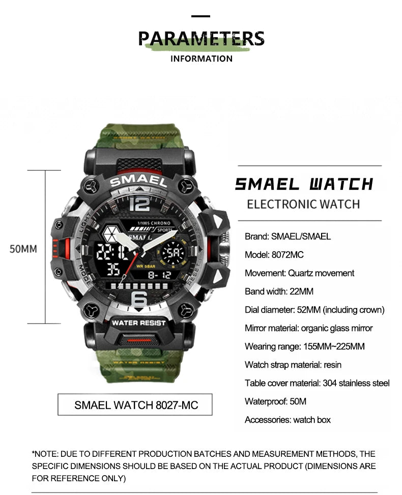 SMAEL New Watches 50m Waterproof Sports Watch Digital 8072 Army Watch Digital Quartz Dual Time Wristwatches LED for Men